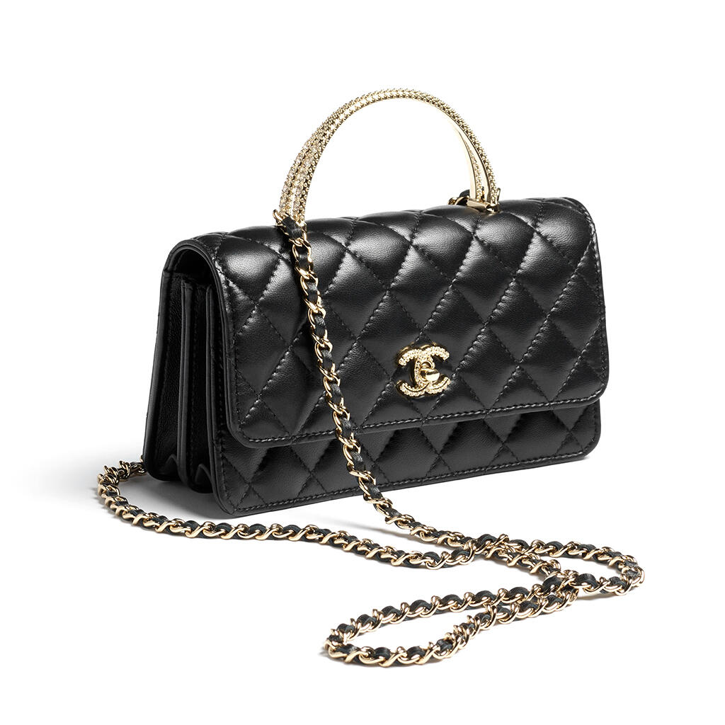 Ch*el clutch with chain lambskin, strass & gold-tone metal black ap4831 (18.5*11*6cm)